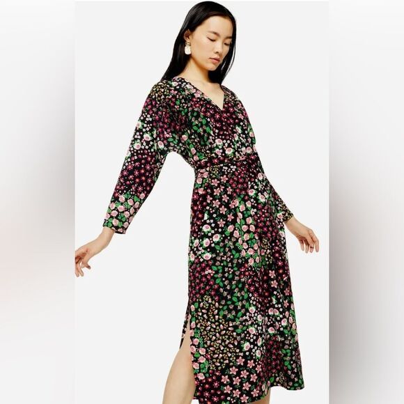 Topshop Nordstrom Floral Long Sleeve Belted Midi Dress Size 2 - Picture 1 of 8